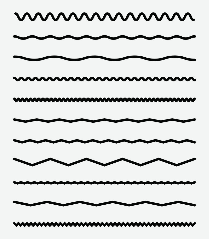 Wave line and wavy zigzag pattern lines. black underlines, smooth end squiggly horizontal curvy squiggles on white background. Wave Line. vector