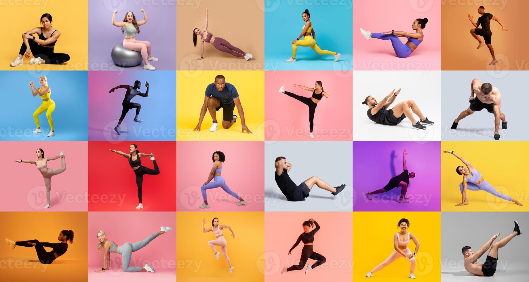 A diverse group of athletes performs a range of workout routines against colorful backgrounds. Each athlete is engaged in exercises highlighting strength, flexibility, and coordination. photo