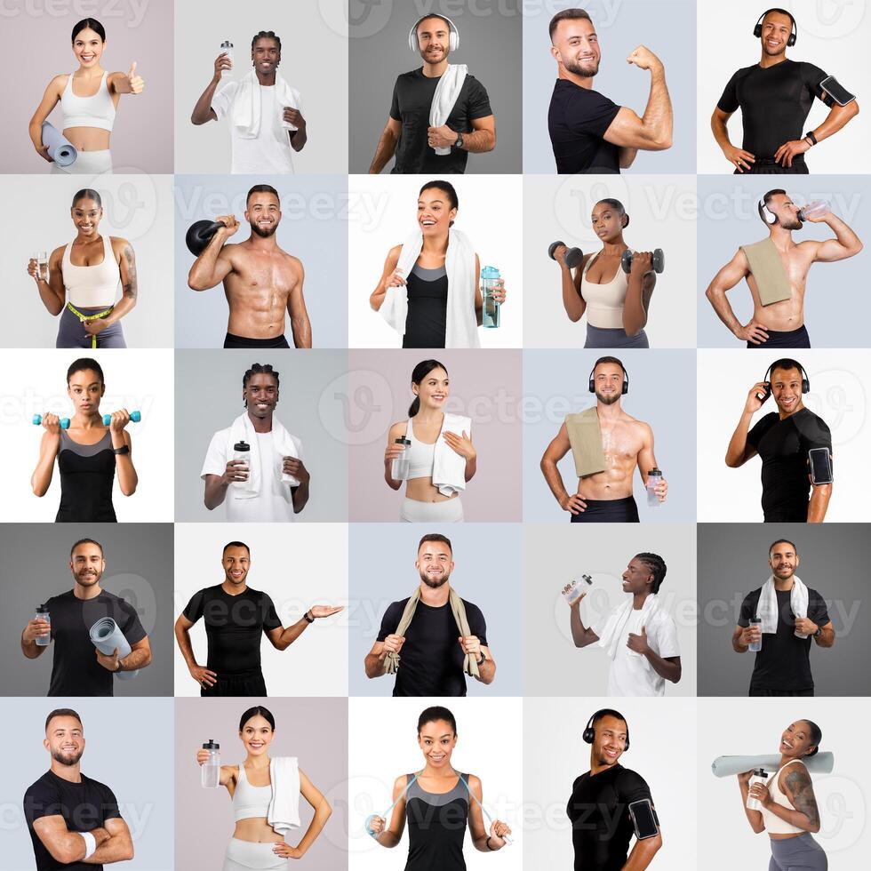 Diverse group of individuals engaged in fitness activities, displaying workout gear and equipment. The setting highlights a vibrant gym atmosphere, promoting an active lifestyle. photo