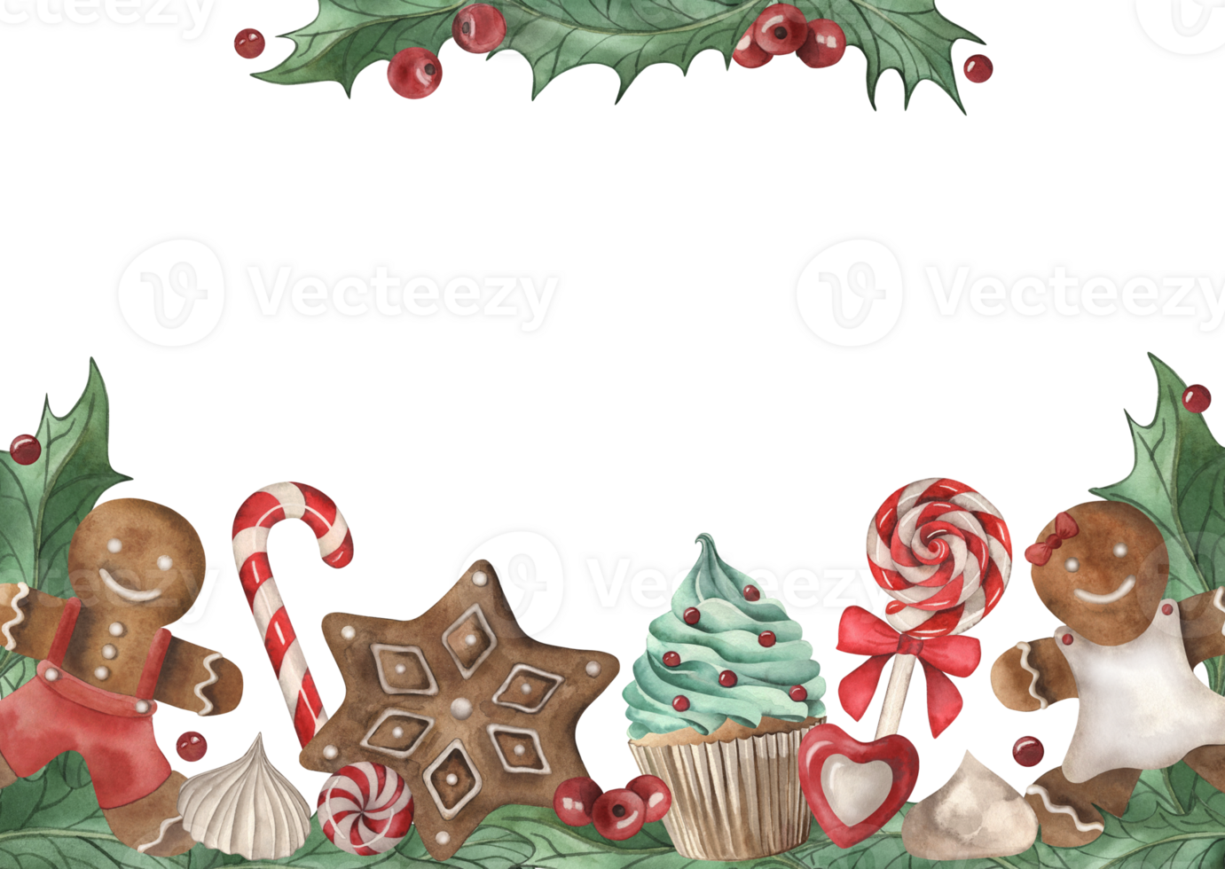 A template for a greeting card with Christmas sweets in a vintage style. An illustration with gingerbread, cupcakes, candies, lollipops, holly, meringue, hand-painted in watercolor. png
