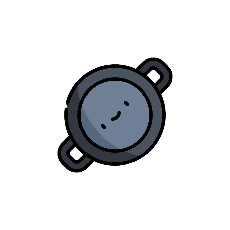 A black and white illustration of a pan with a smiley face vector