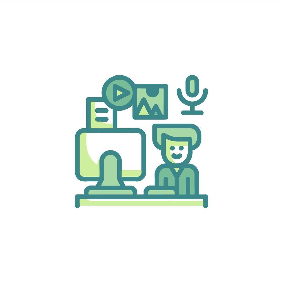 A man sitting at a computer with a microphone and a microphone icon vector