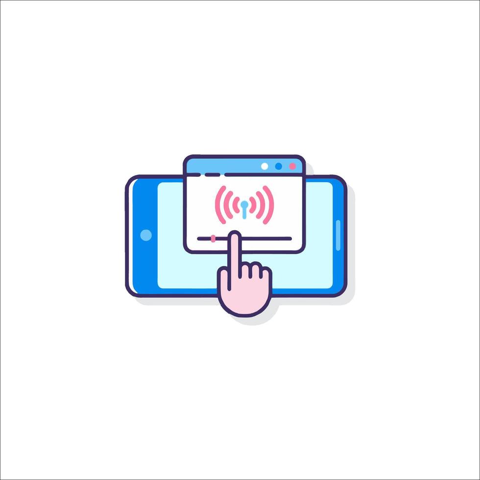 A hand holding a phone with a wireless signal icon vector