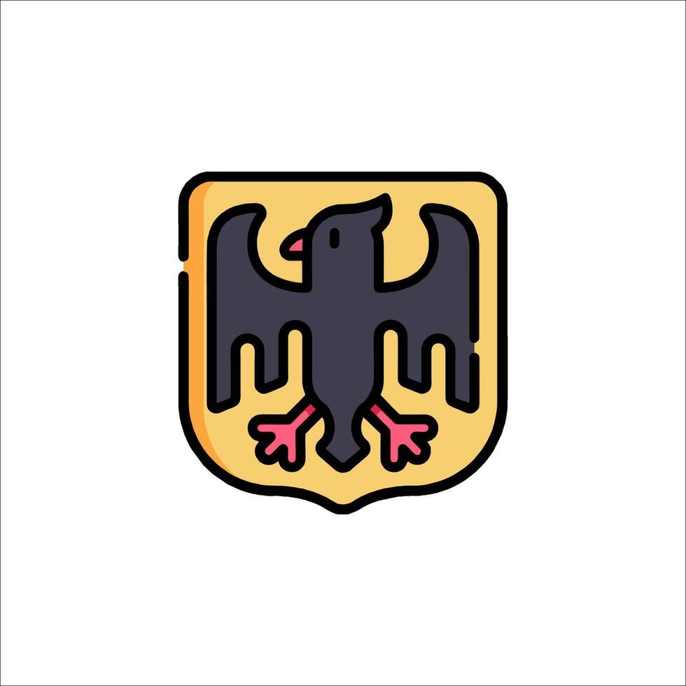 A black and yellow bird on a shield with a red and pink feather vector
