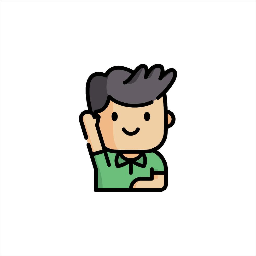 A man with a green shirt and a hand up vector
