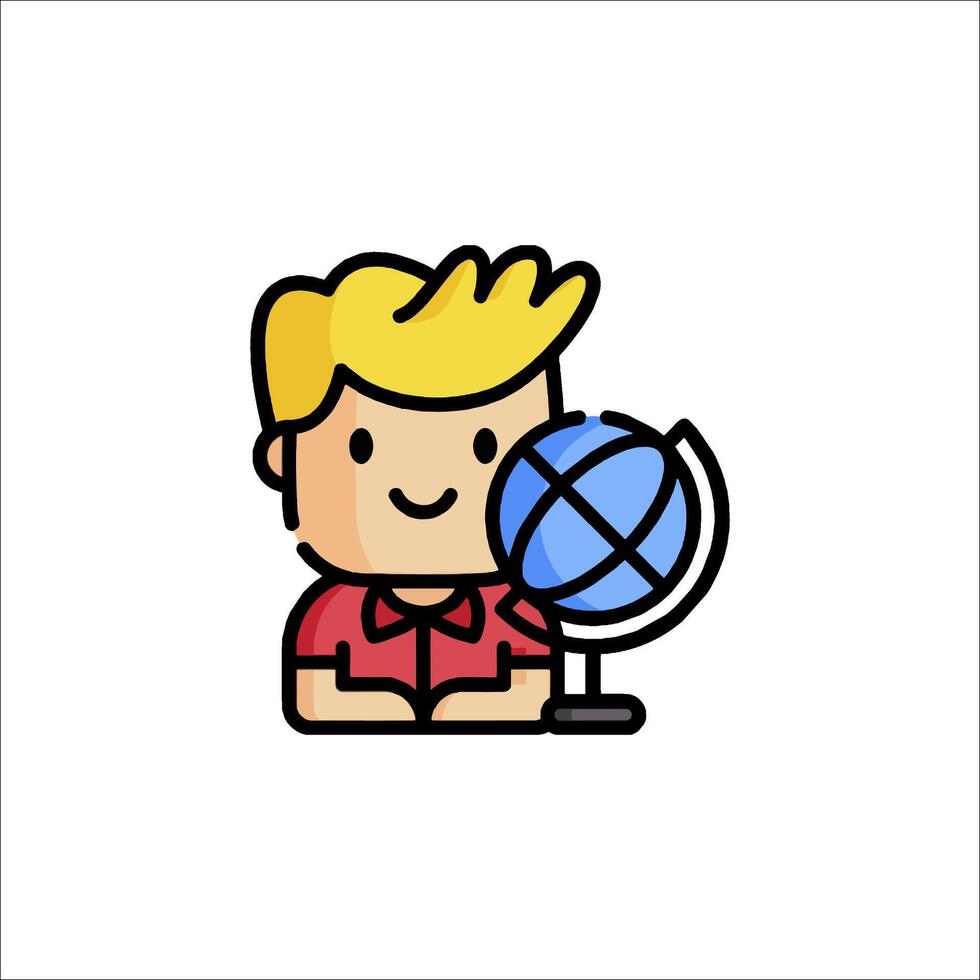 A cartoon boy holding a globe icon vector