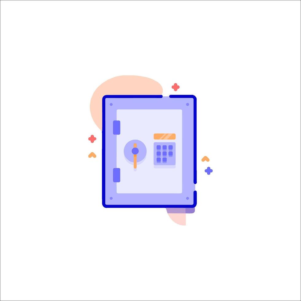 A flat illustration of a safe box with a key and calculator vector