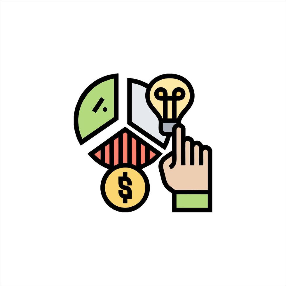 A hand pointing to a pie chart and a dollar sign vector