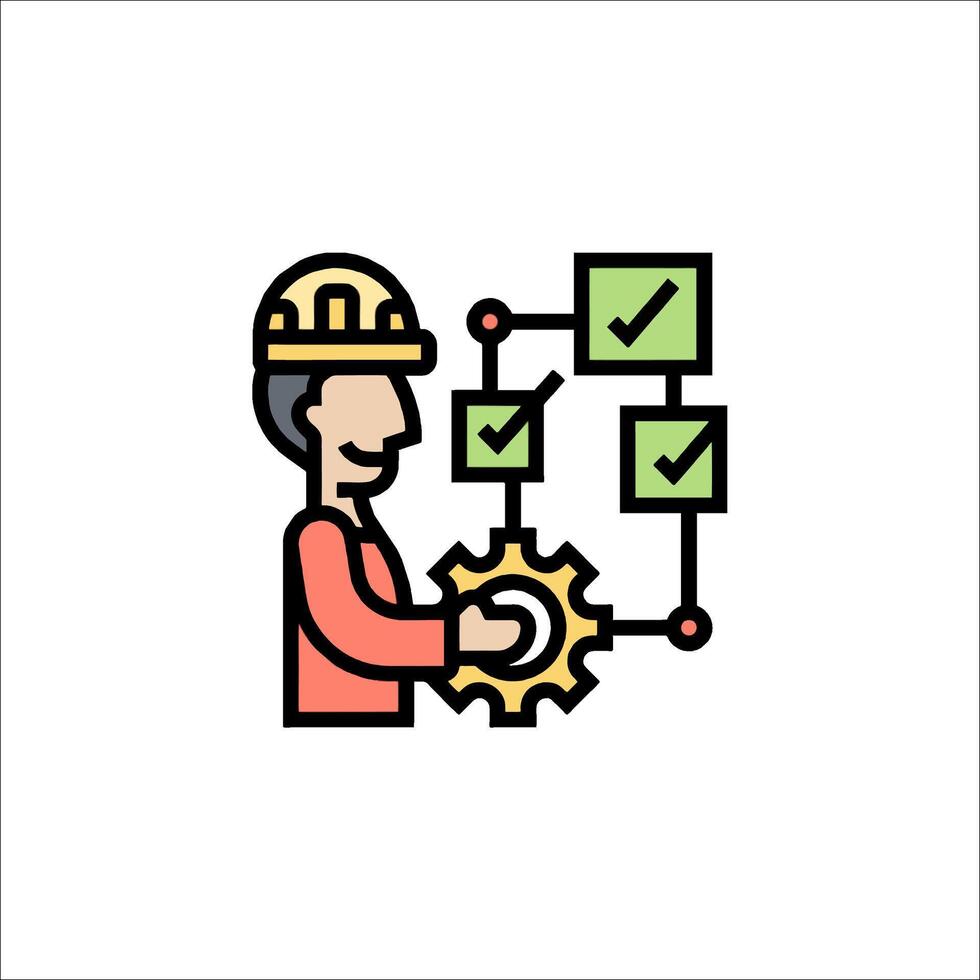 A man in a hard hat holding a gear and a check mark vector