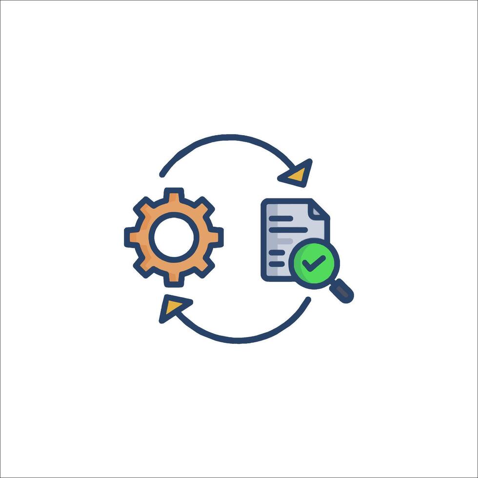 a line icon of a document with a magnifying glass and a gear vector