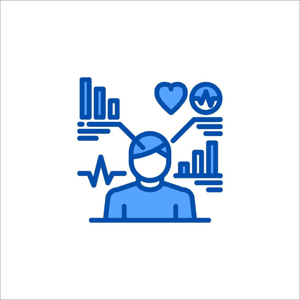 a blue line icon of a man with a heart and a heart rate monitor vector