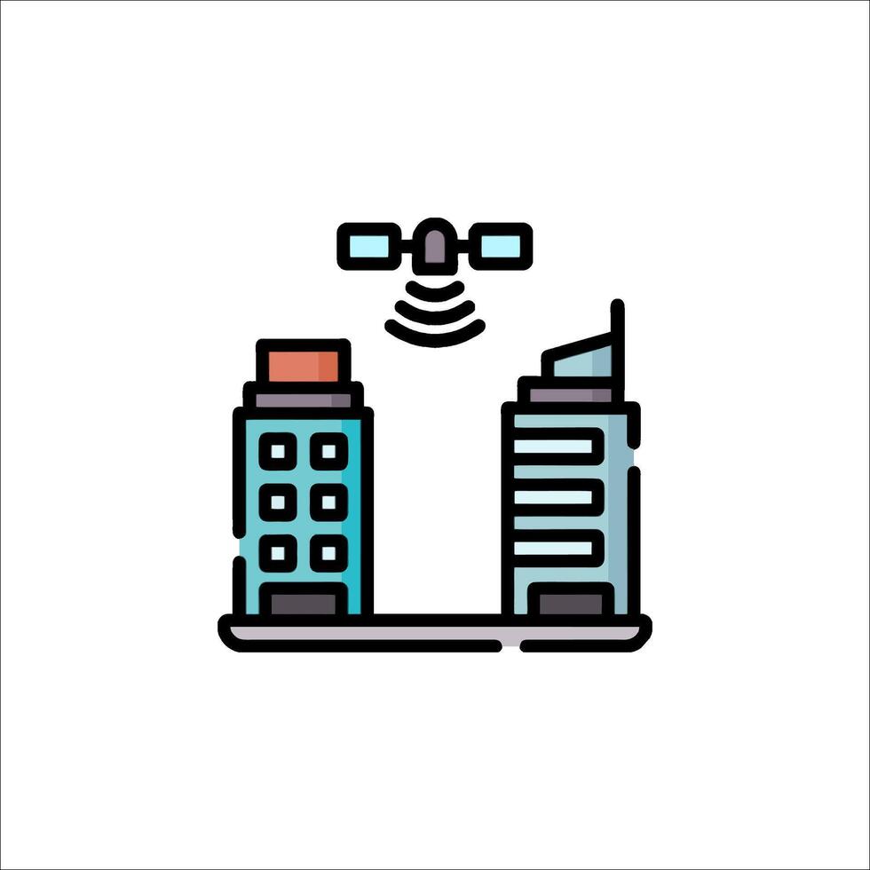 A city skyline with a drone flying over it vector