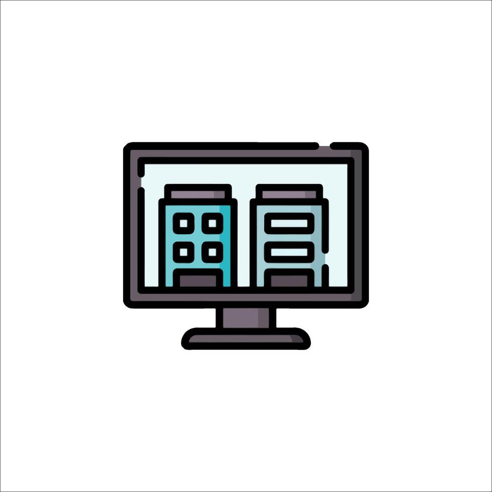 A computer monitor with two buildings on it vector
