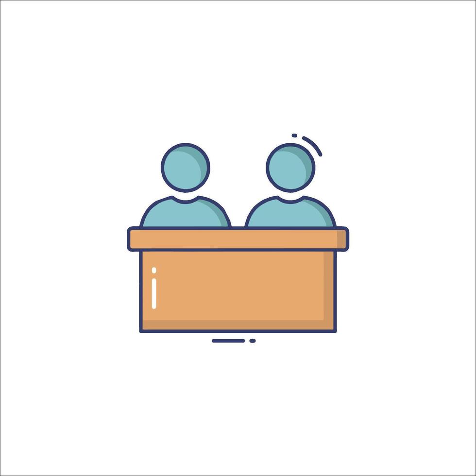 Two people sitting at a desk with a table in the background vector