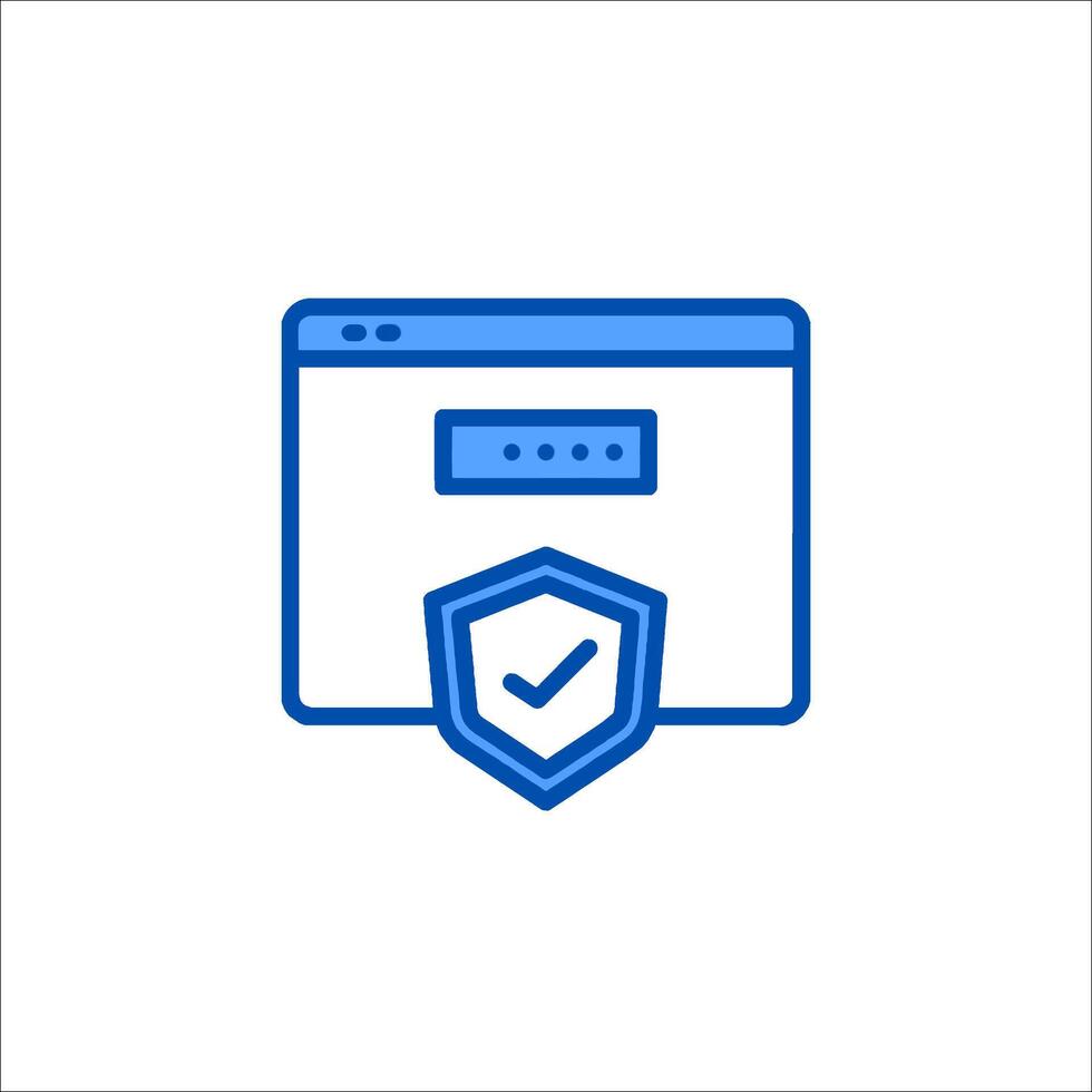 A blue icon of a computer screen with a shield and a check mark vector