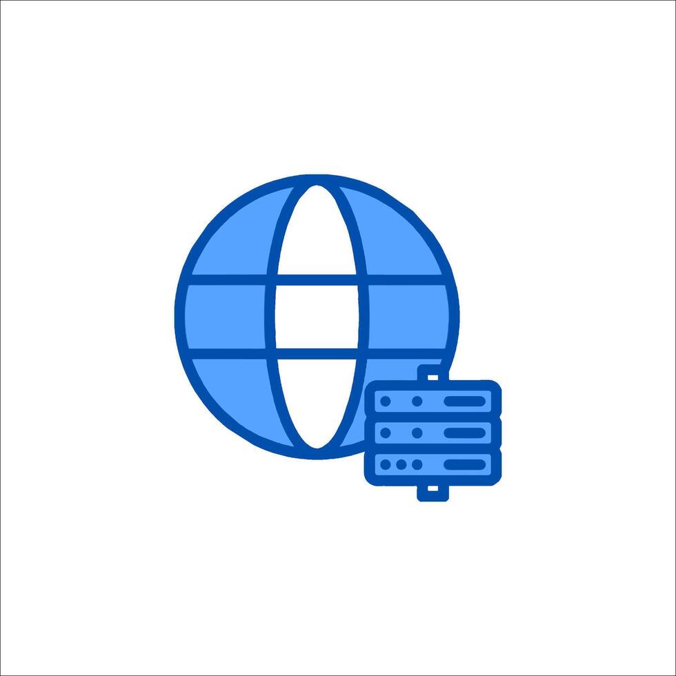 A blue icon of a globe with a computer vector