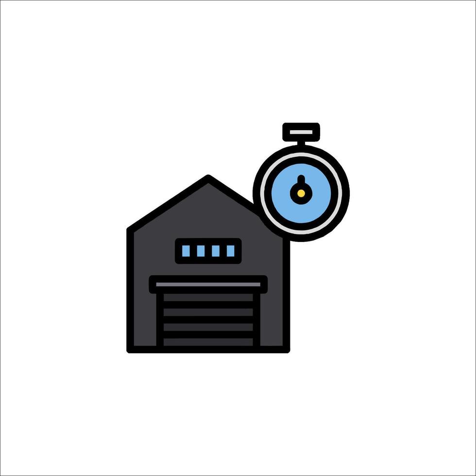 A black and blue icon of a garage with a clock vector