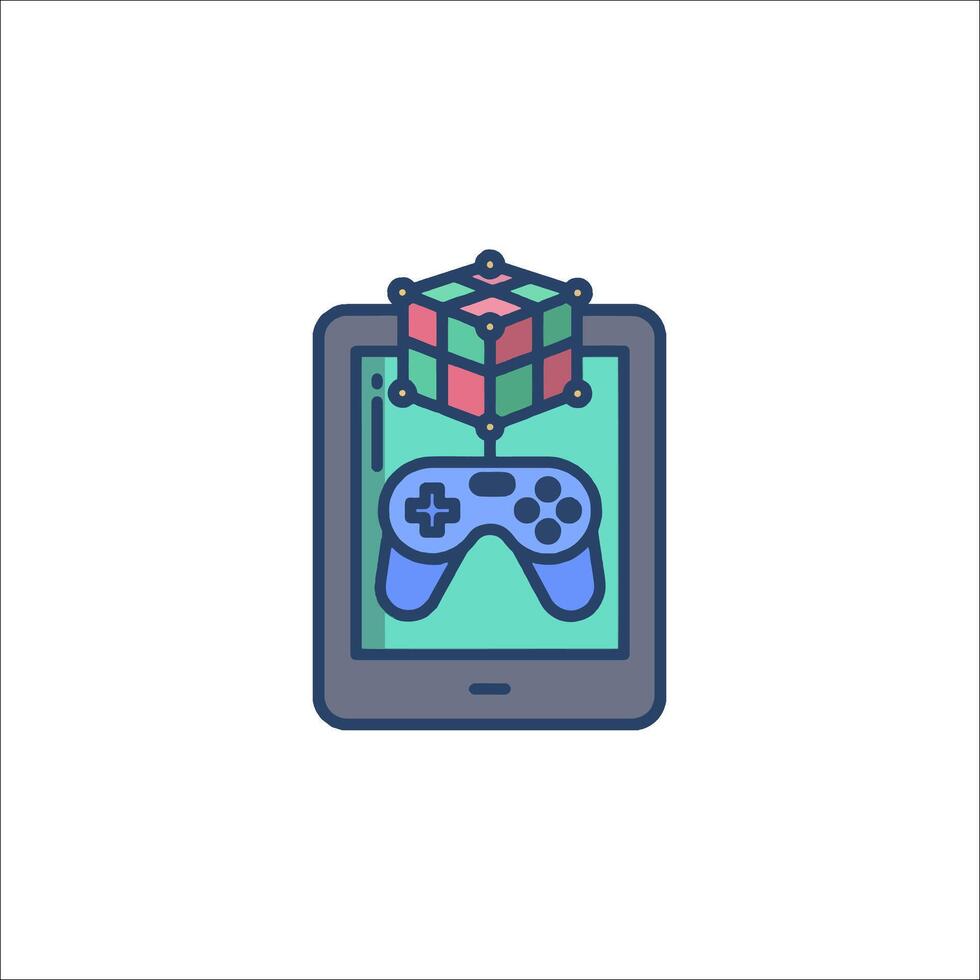 A tablet with a cube and a controller on it vector