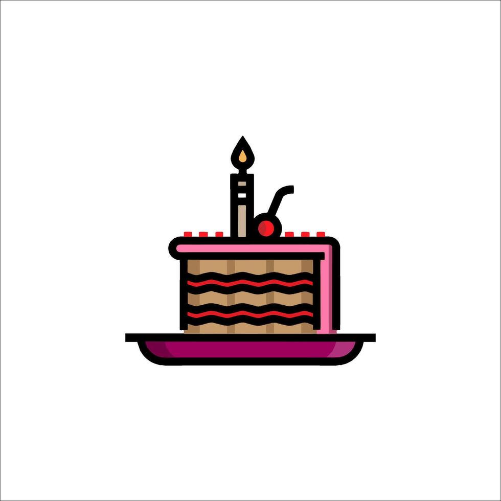 A cake with a candle on top is shown in a line style vector