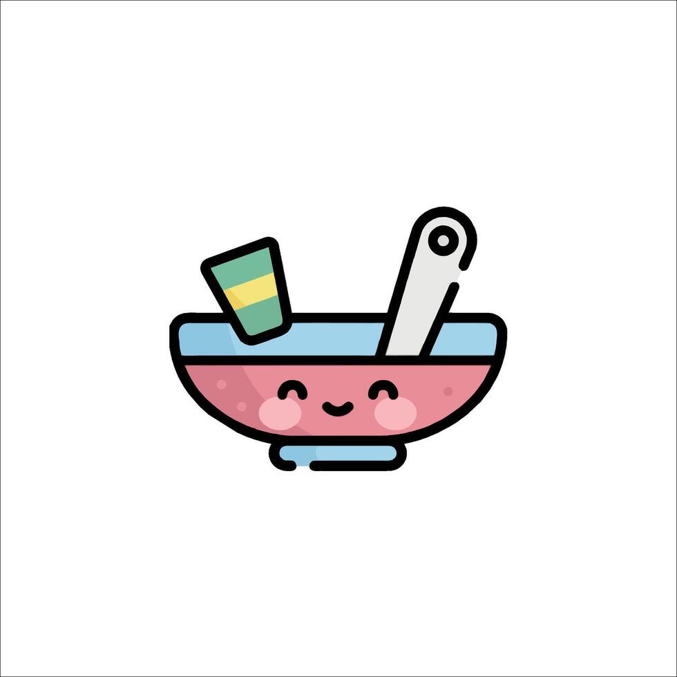 A cartoon bowl with a spoon and a knife vector