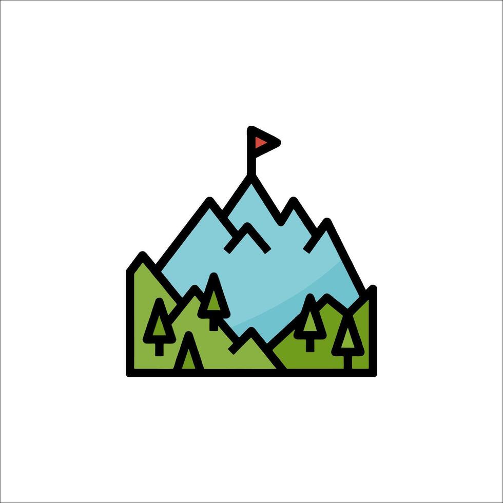 A mountain with a flag on top and trees vector