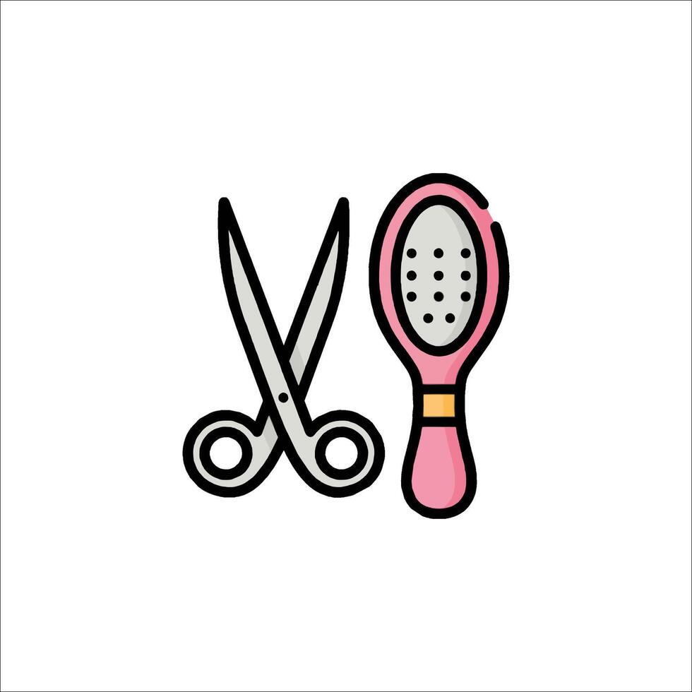 A pair of scissors and a comb are shown in a line vector