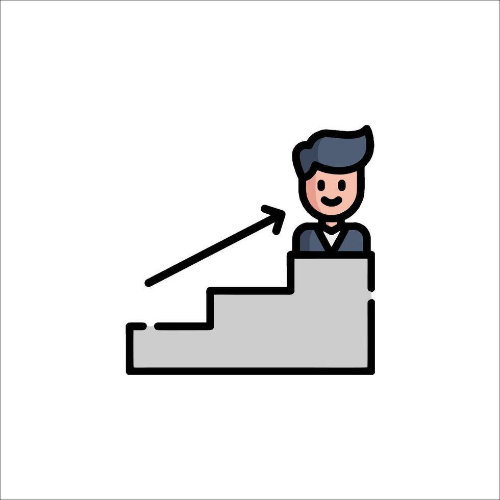 A man is climbing up stairs with an arrow pointing to the right vector