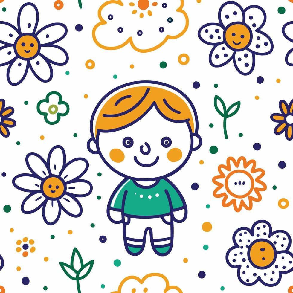 a child with flowers and flowers in a seamless pattern vector