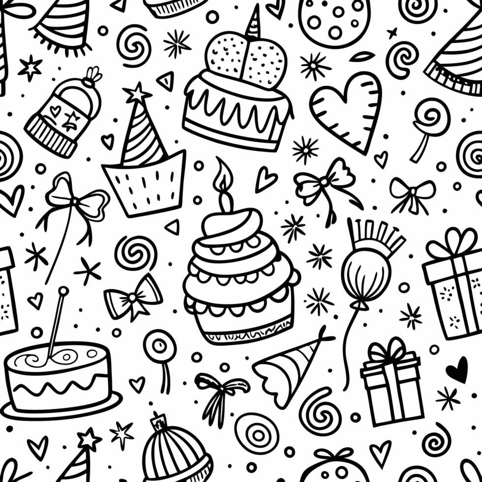 seamless birthday party pattern with doodles vector
