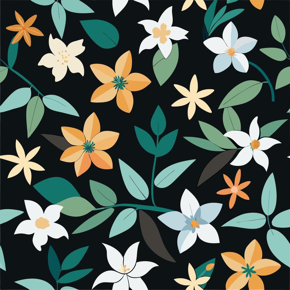 floral seamless pattern with orange and white flowers on black background vector