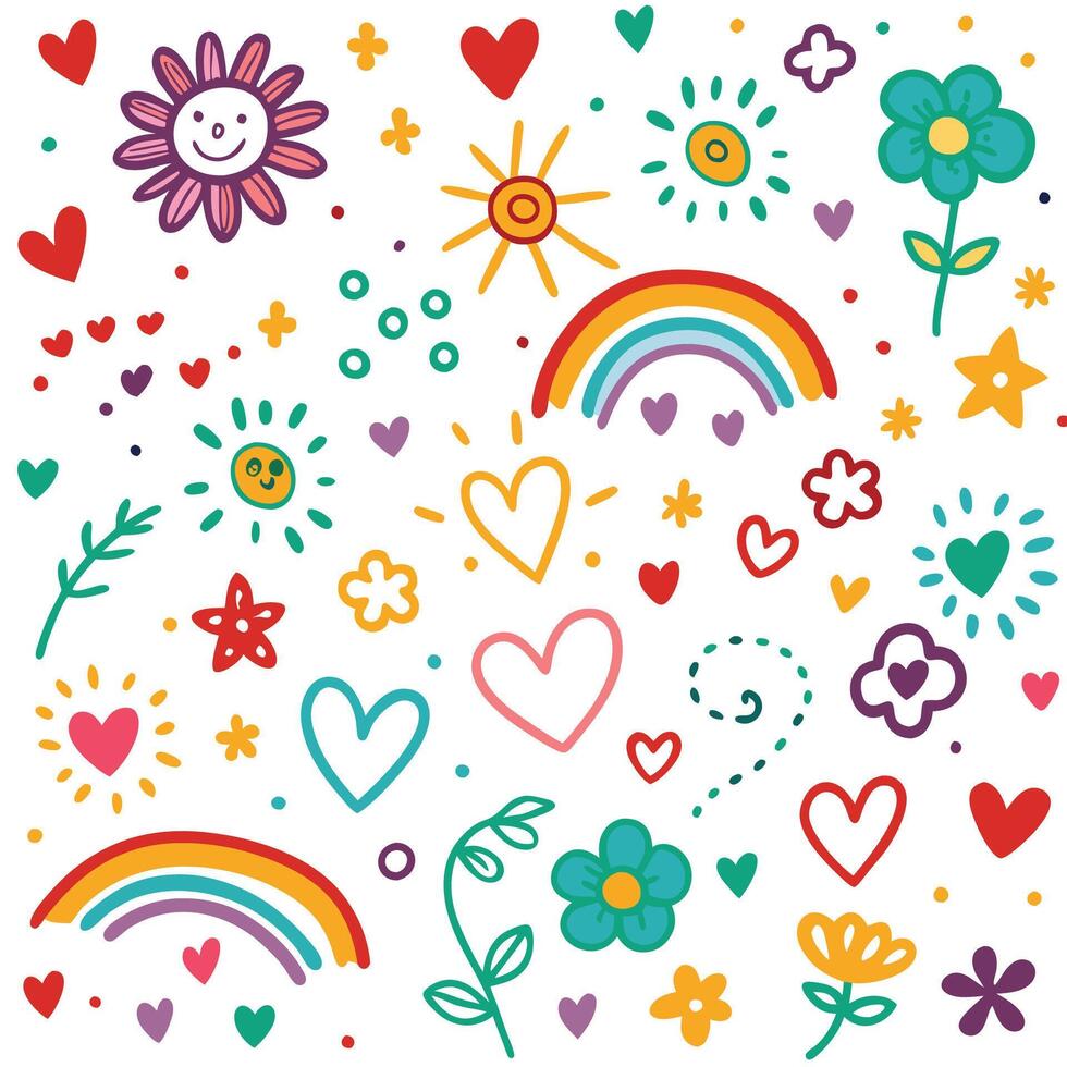 a colorful set of flowers, hearts, and rainbows vector