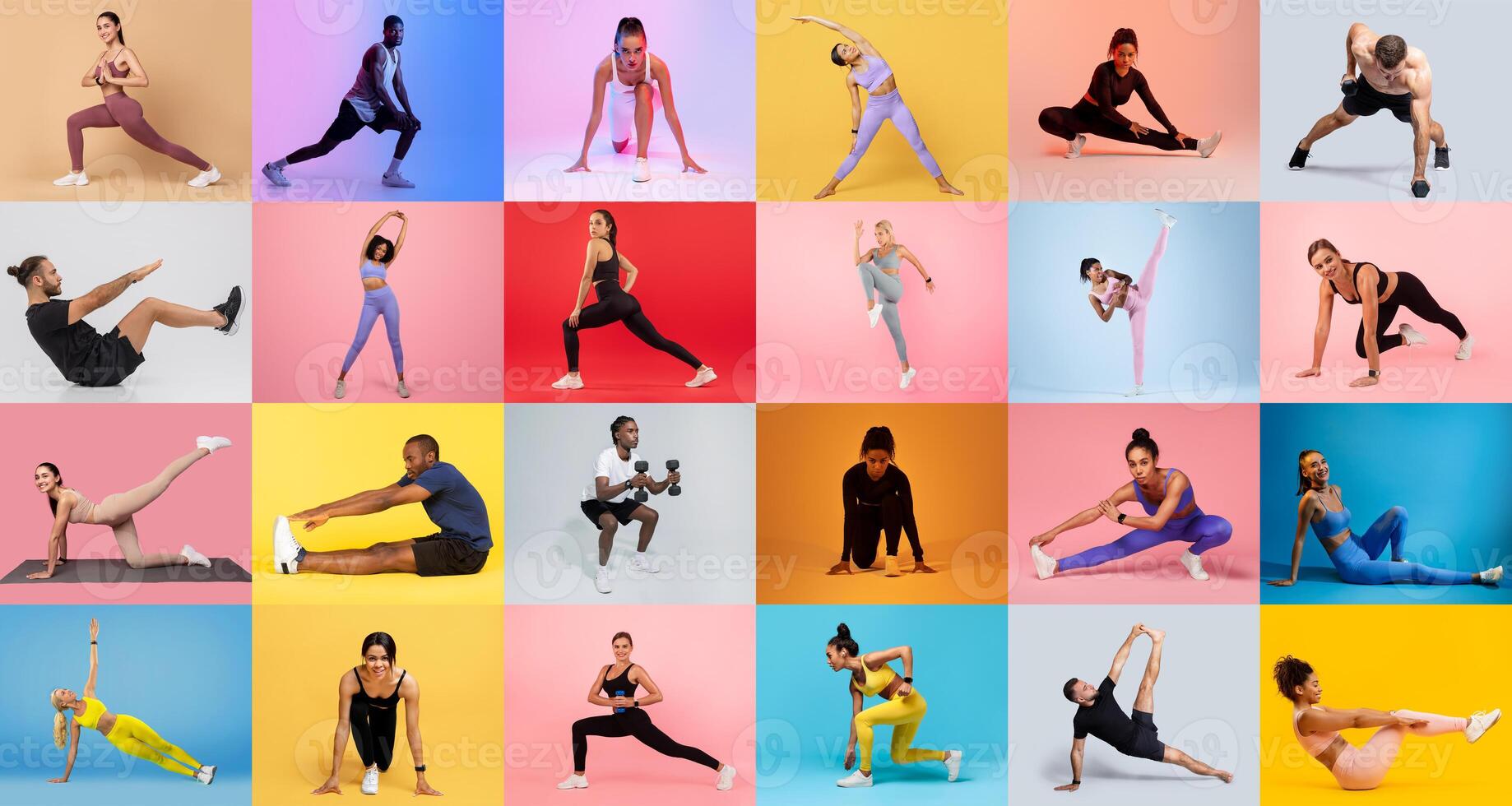 A variety of individuals engage in different workout activities, showcasing stretches, yoga poses, and strength training, all set against vibrant, colored backdrops that create a lively atmosphere. photo