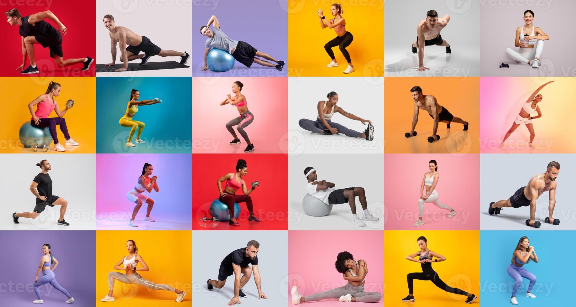 People of different fitness levels and styles perform a range of workouts in a colorful indoor environment. Activities include stretching, lifting weights, and using exercise balls. photo