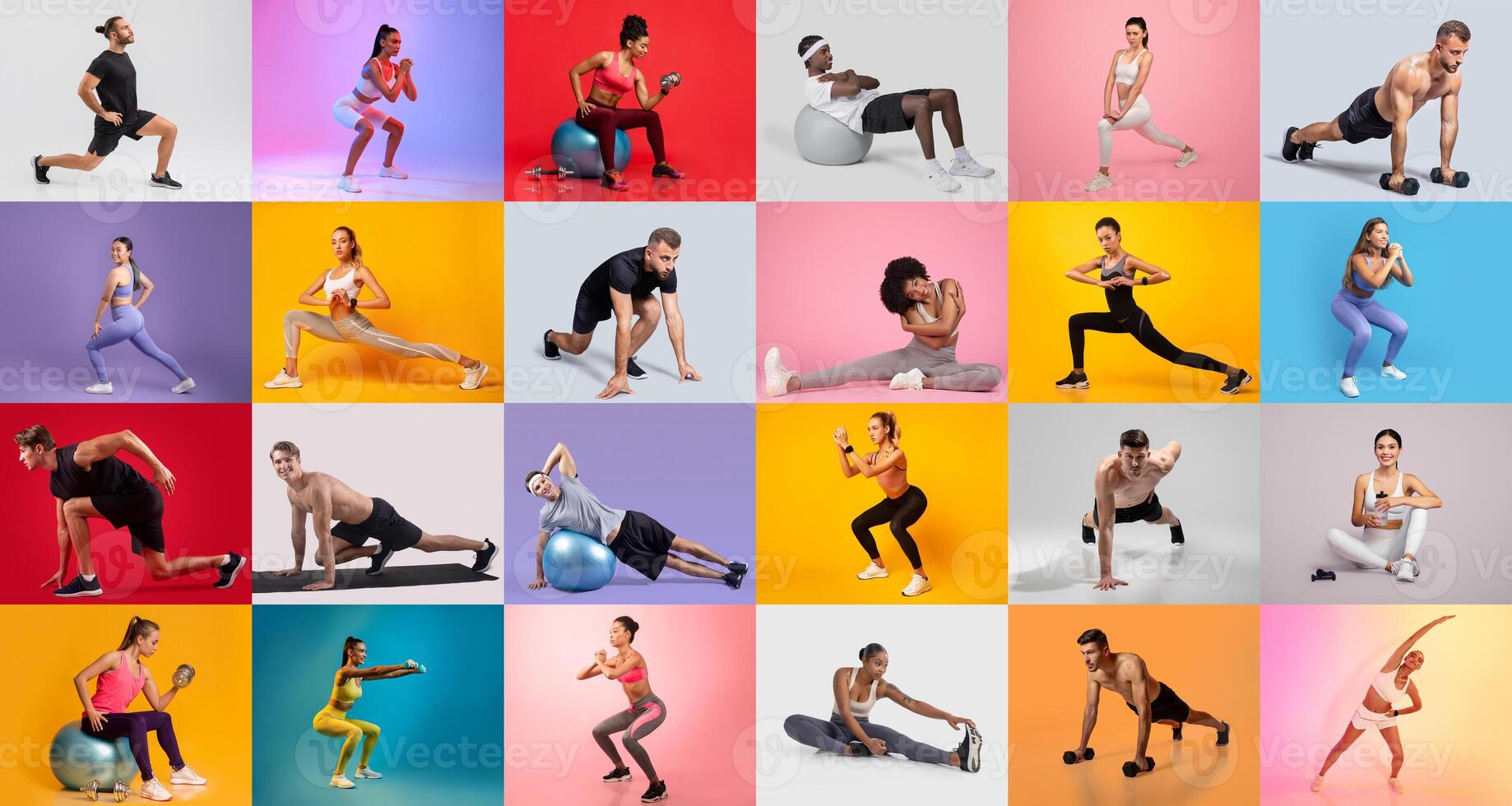 A vibrant collection of individuals engaged in various fitness activities, highlighting strength, flexibility, and motivation. The colorful backgrounds enhance the dynamic workout atmosphere. photo