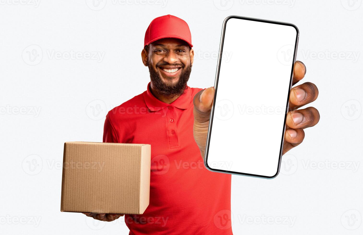 On-Time Courier Service. Delivery Guy Holding Clock And Cardboard Box Standing In Studio Over Yellow Background. photo