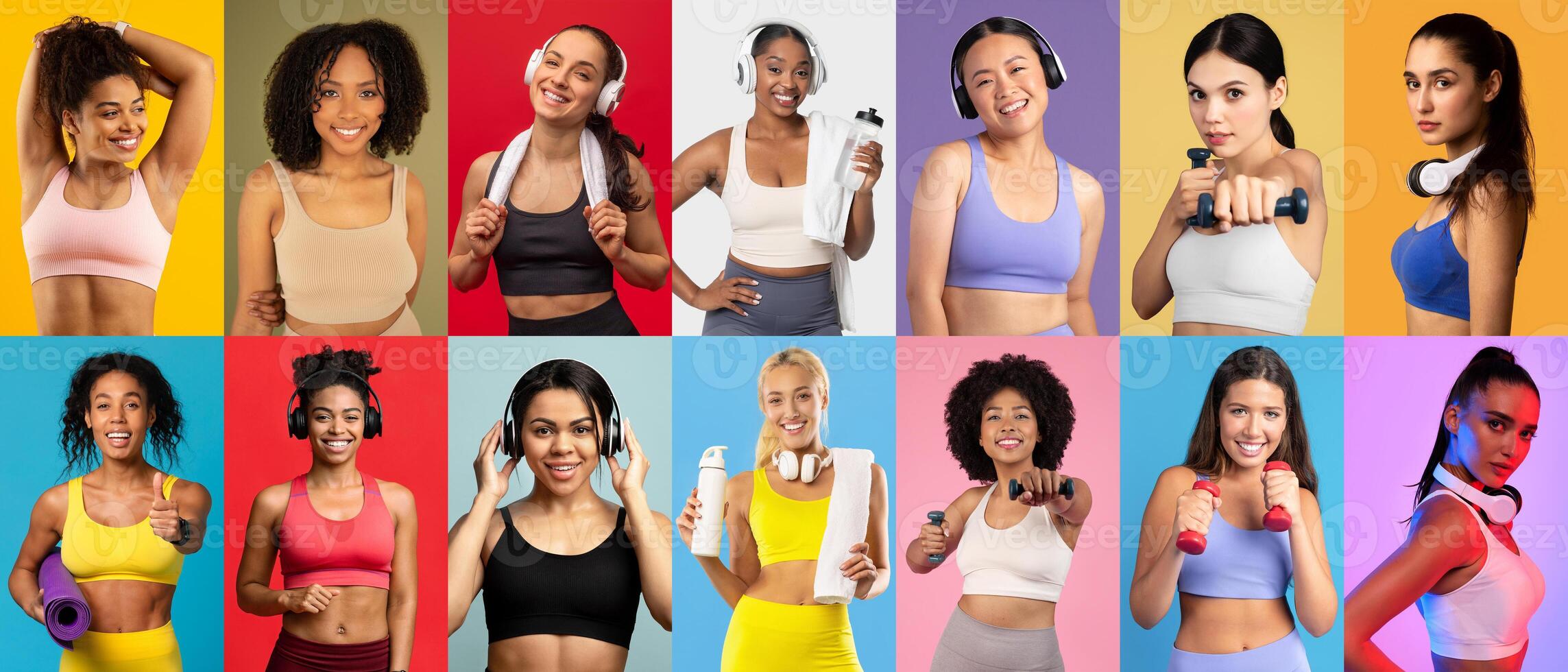 A vibrant collage showcases women of various backgrounds participating in fitness activities. Each woman holds equipment like dumbbells and yoga mats, promoting exercise and well-being. photo
