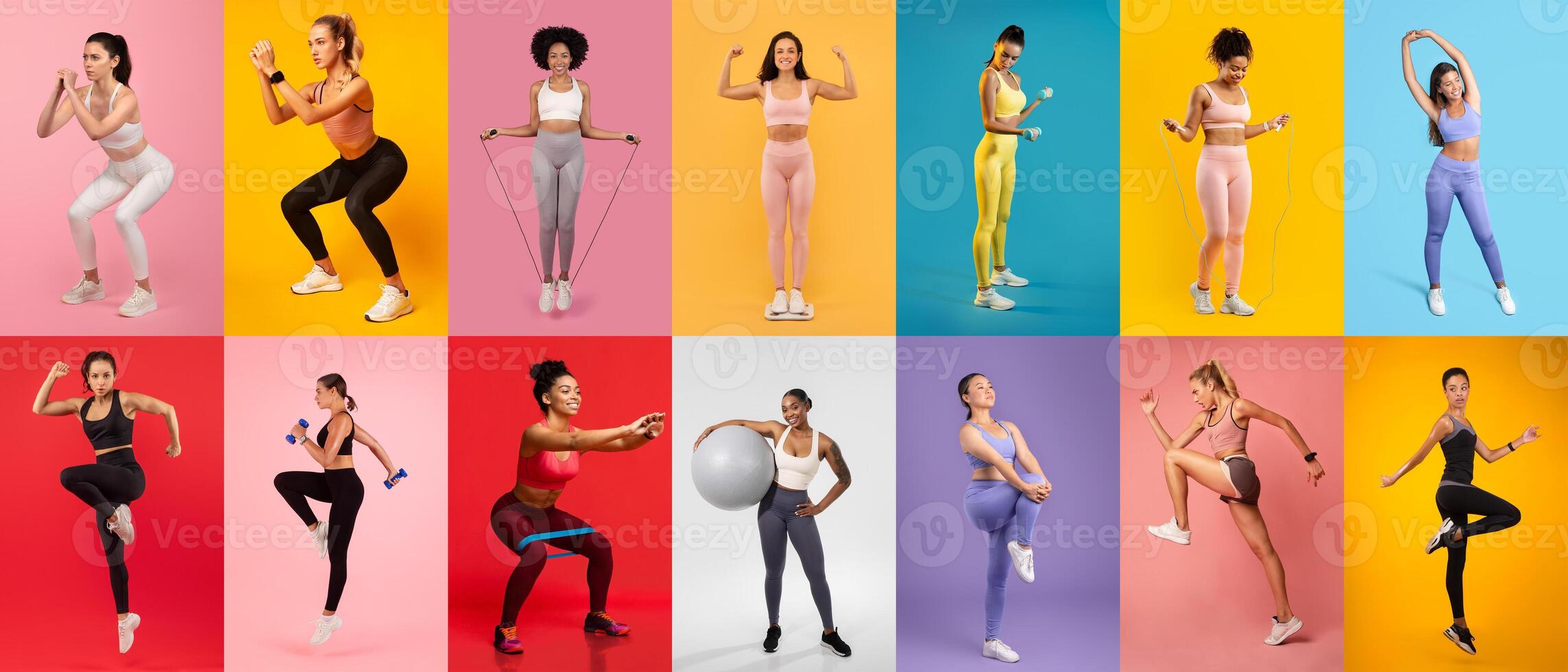 grupos de mujer realizar diverso ejercicios, exhibiendo fuerza y resistencia. cada individual se enfoca en diferente rutina de ejercicio rutinas, destacando su compromiso a aptitud física. foto