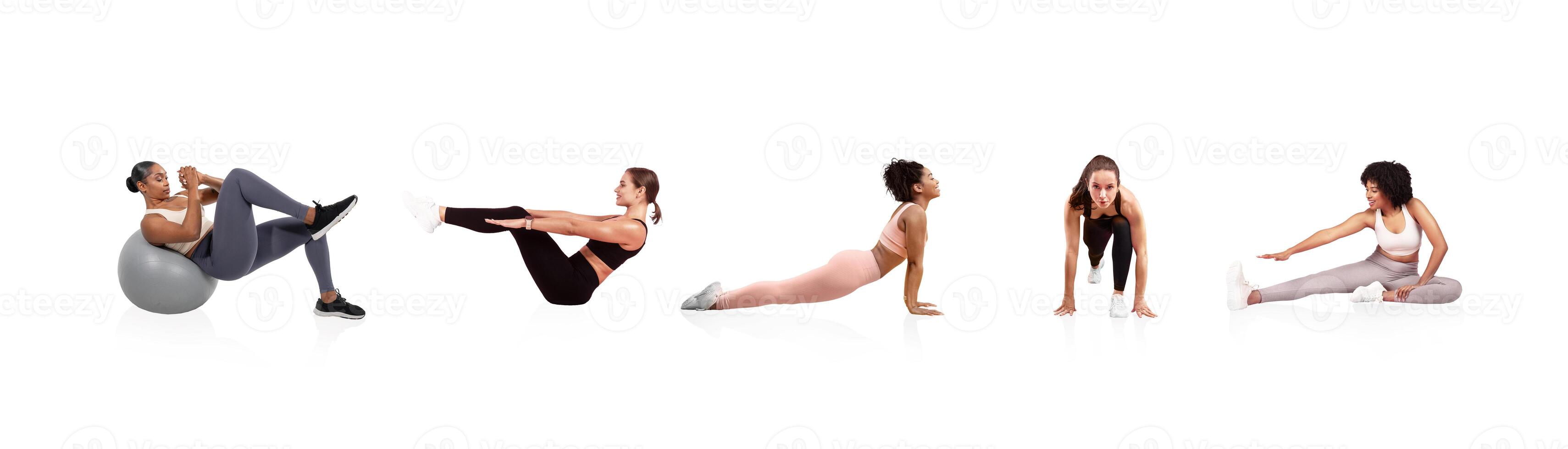 Five women demonstrate different fitness exercises in a gym setting. Activities include using a stability ball, core workouts, yoga poses, and stretching routines. photo