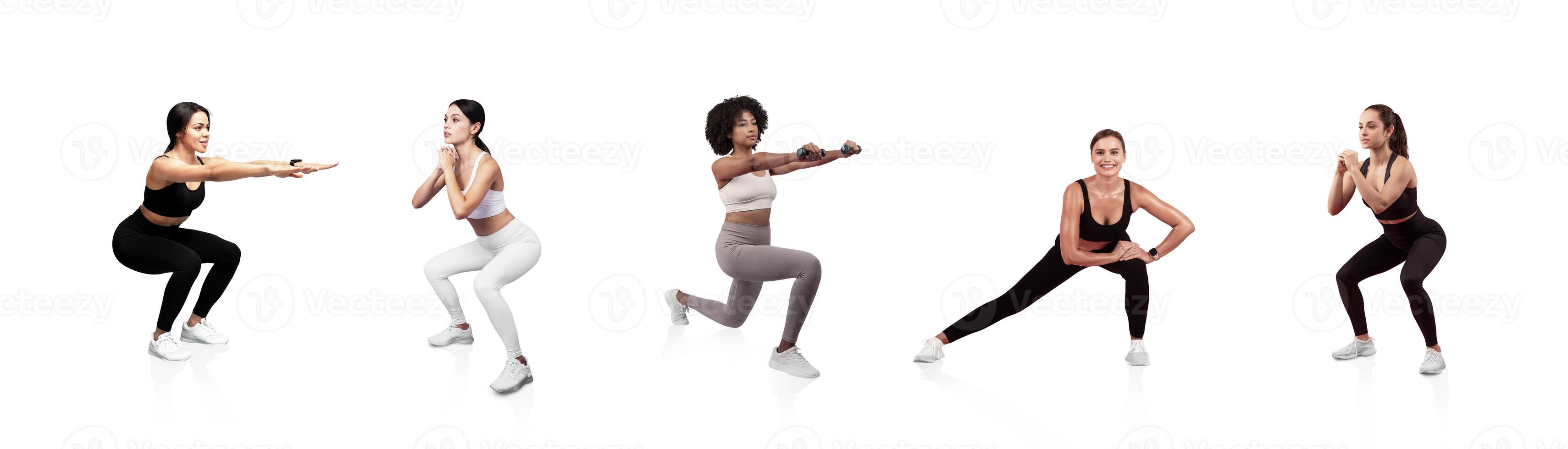 Five women are engaged in different workout activities, showcasing squats, lunges, and side leg lifts. They wear stylish activewear and exhibit strength and focus. photo