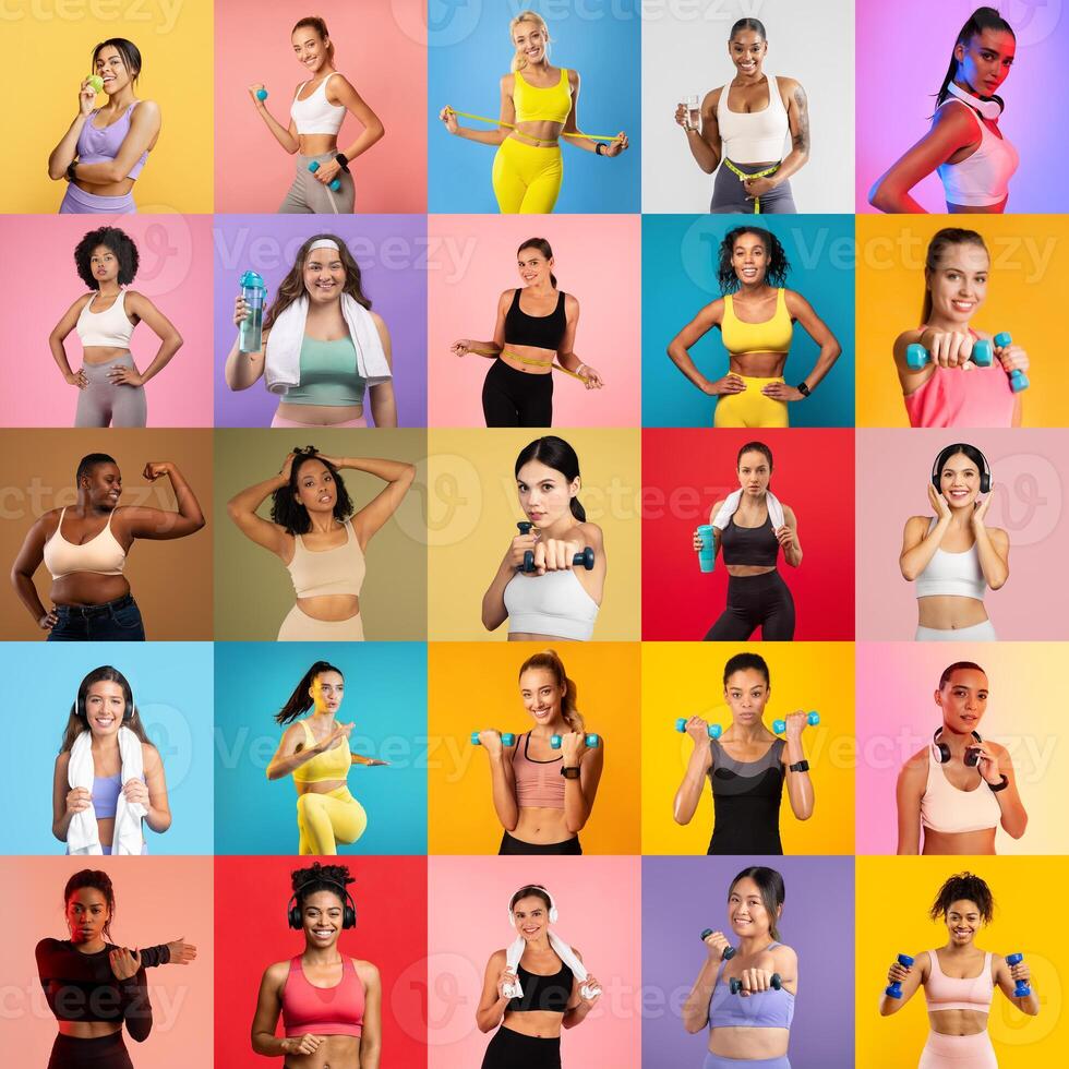 A vibrant collage features women exercising with dumbbells. They embody strength and determination in colorful athletic wear, promoting fitness and health. photo