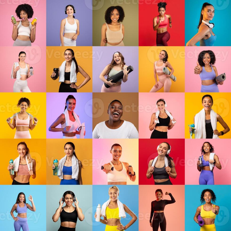 A diverse group of women poses in colorful activewear, showcasing their fitness journeys. They hold water bottles and dumbbells, radiating joy and enthusiasm for a healthy lifestyle. photo