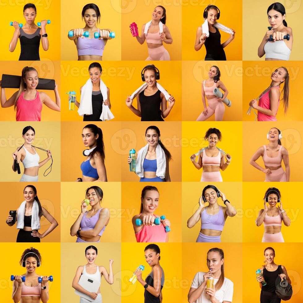 A vibrant collage of women showcasing various workout poses with dumbbells and fitness accessories. The setting has a bright yellow background, highlighting their energy and strength. photo