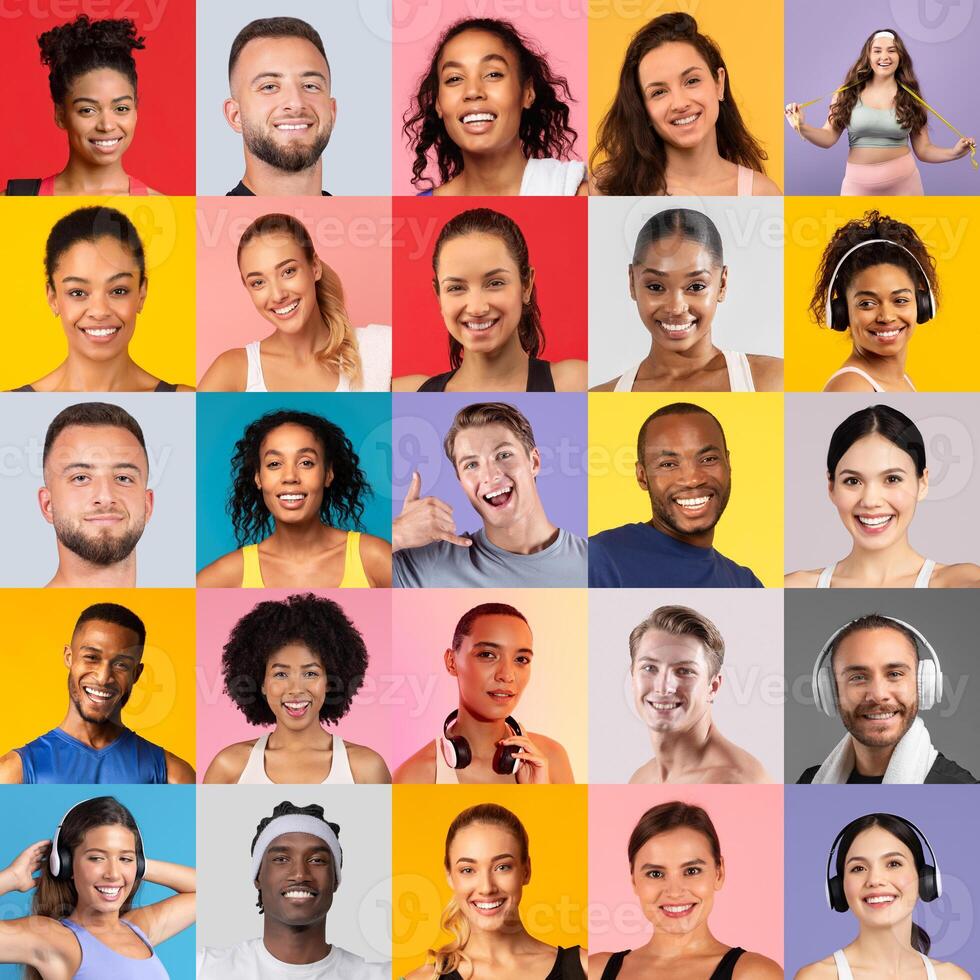A collection of smiling individuals against colorful backgrounds, representing joy and energy. Each person displays happiness, capturing the essence of positivity and community engagement. photo