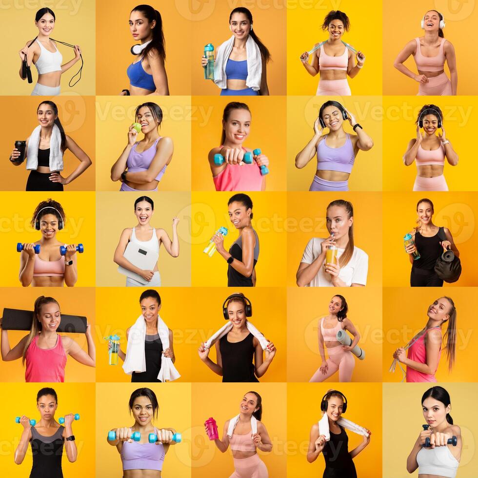 A group of diverse women is engaged in various fitness activities against a bright yellow background. They hold weights, water bottles, and exercise gear, promoting a healthy lifestyle. photo