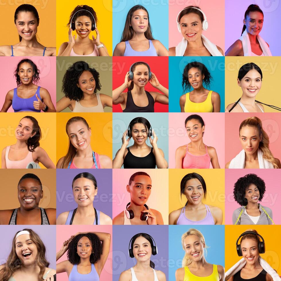 A group of smiling women of various backgrounds is showcased, wearing colorful activewear and headphones. They exhibit joy and enthusiasm against bright, pastel backgrounds. photo
