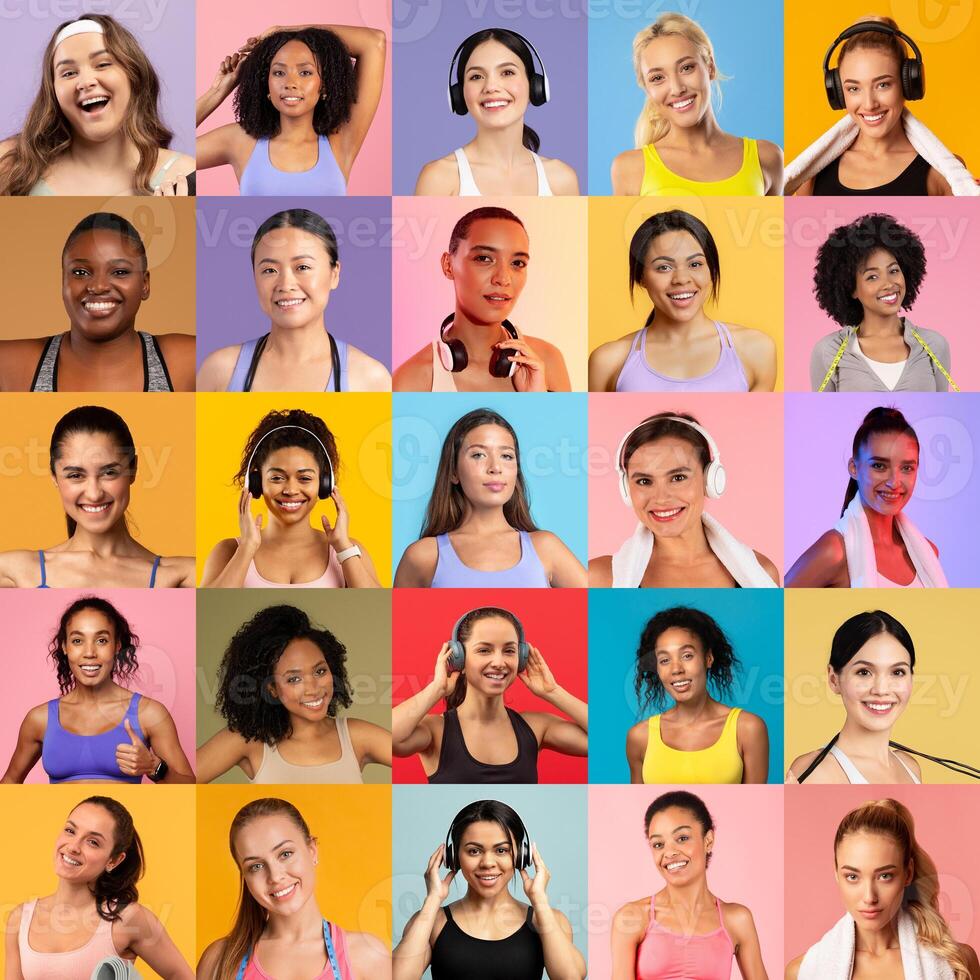 A vibrant collage of diverse women wearing athletic attire, showcasing happiness and energy while wearing headphones. Each subject displays unique expressions, adding to the cheerful atmosphere. photo