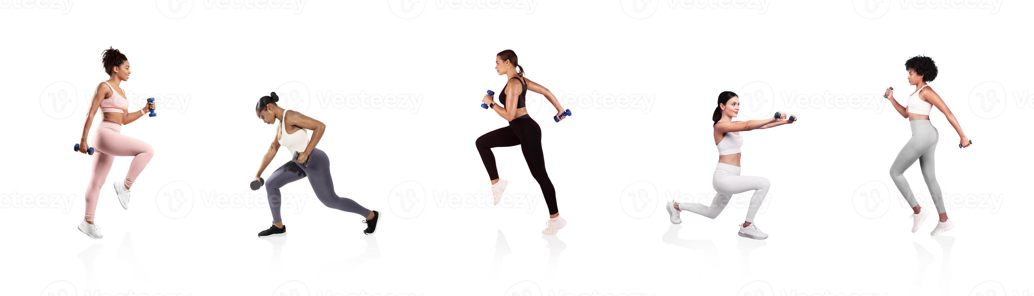Four women engage in diverse workouts with dumbbells, demonstrating exercises that enhance strength and improve fitness levels in a bright, modern environment. photo