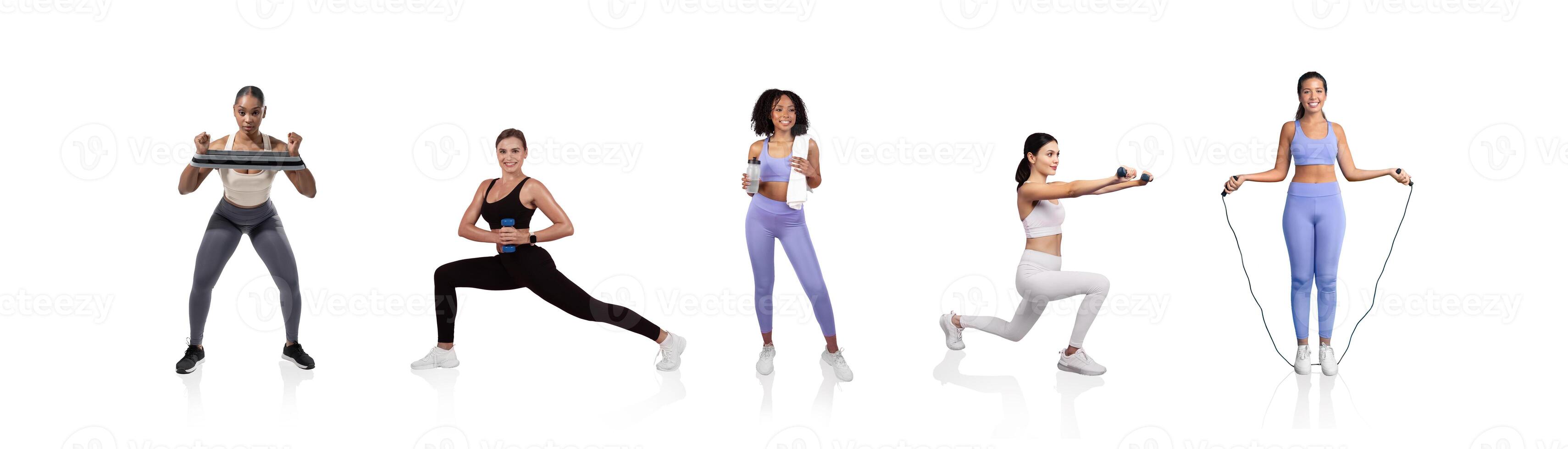 Five women are engaged in various fitness activities indoors. They utilize weights, resistance bands, and a jump rope while dressed in vibrant activewear, promoting health and exercise. photo