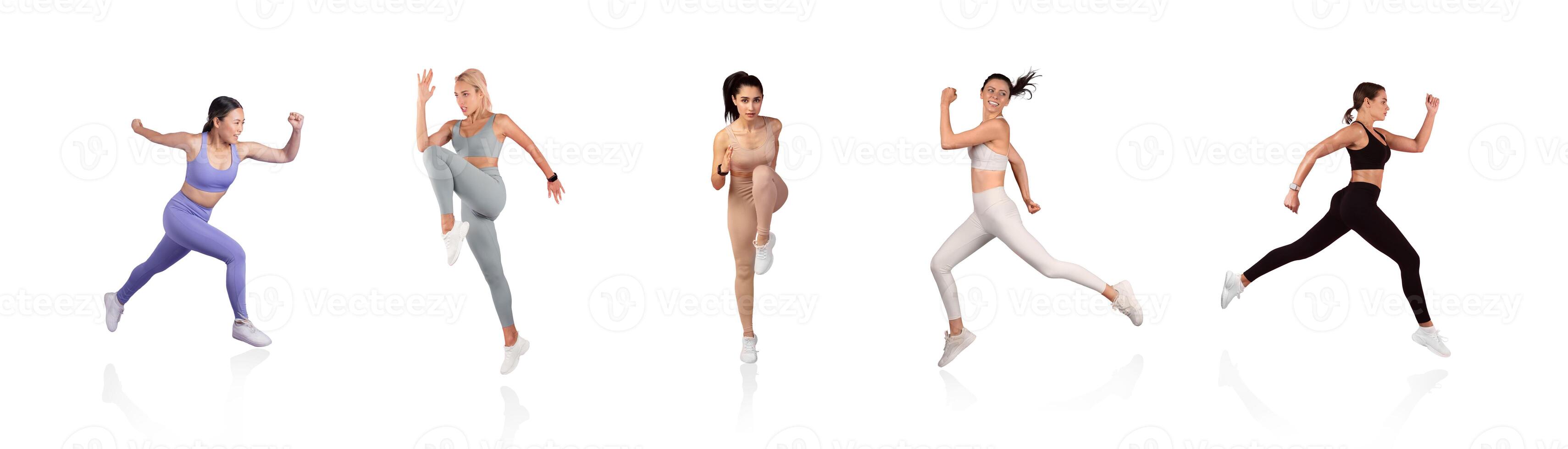 Five women in stylish athletic clothing are engaged in various energetic movements in a bright, spacious indoor setting. Each displays unique workout styles and poses. photo