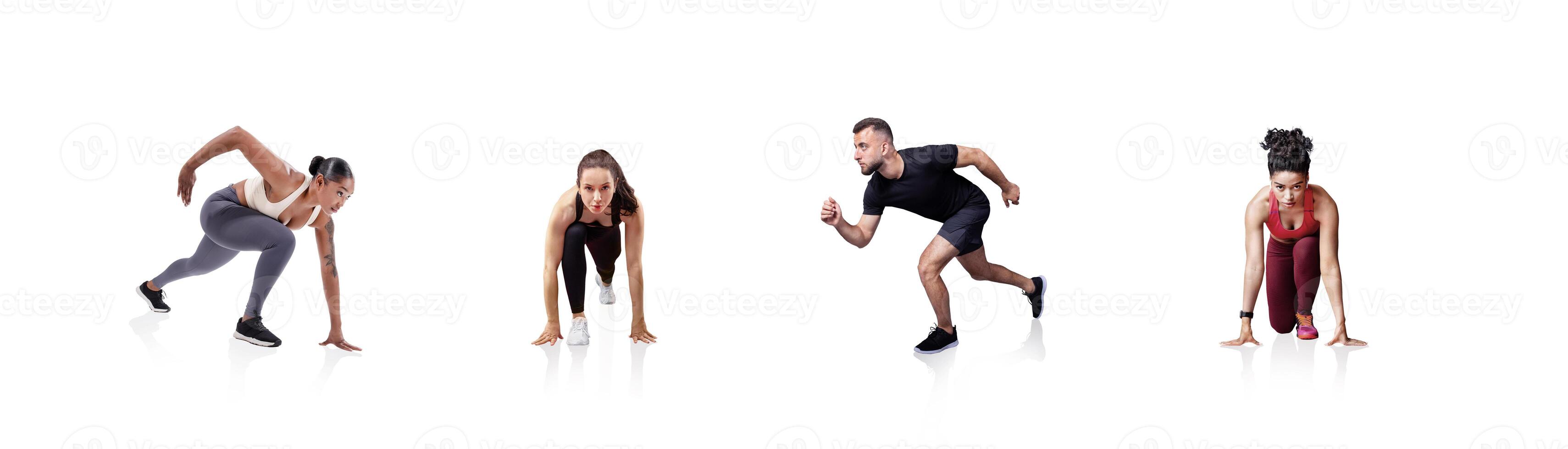 Four athletes showcase different workout poses in a bright indoor space, demonstrating strength and agility during their training session, focusing on fitness and conditioning. photo
